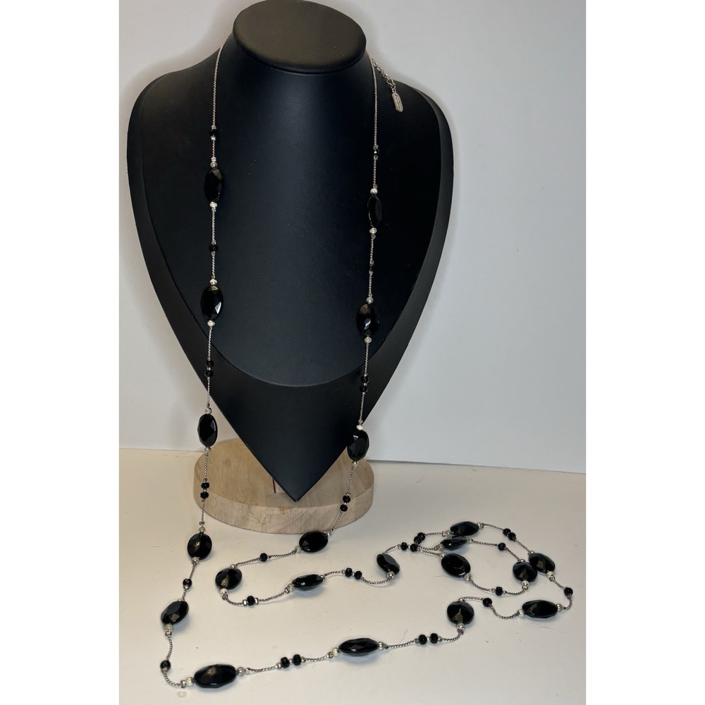 Y2K Flapper 64" Black Faceted Bead Necklace Silver Tone Layering Alfani